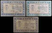 Súria. 25, 50 céntimos y 1 peseta. (T. 2806, 2807 y 2808). 3 billetes, serie completa. BC/BC+.