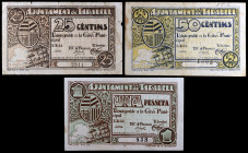 Taradell. 25, 50 céntimos y 1 peseta. (T. 2824, 2825 y 2826). 3 billetes, serie completa. BC/MBC+.