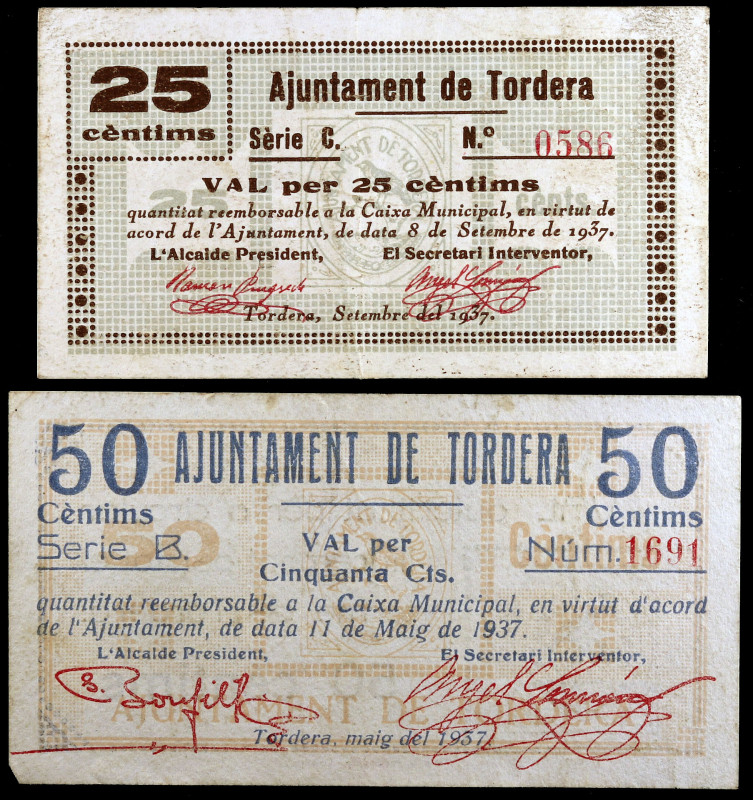 Tordera. 25 y 50 céntimos. (T. 2906c y 2907). 2 billetes. Escasos. MBC-/MBC+.