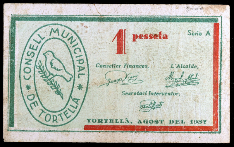 Tortellà. 1 peseta. (T. 2995). Escaso. MBC-.