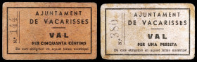 Vacarisses. 50 céntimos y 1 peseta. (T. 3045b y 3046b). 2 cartones, serie completa. Nº 144 y 380. Raros. BC/BC+.