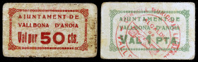 Vallbona d'Anoia. 50 céntimos y 1 peseta. (T. 3057a y 3058). 2 cartones, serie completa. Raros. MBC-/MBC.