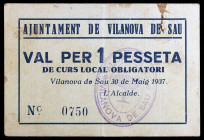 Vilanova de Sau. 1 peseta. (T. 3297a). Cartón nº 0750. Único billete de la localidad. Manchitas. Muy raro. MBC+.