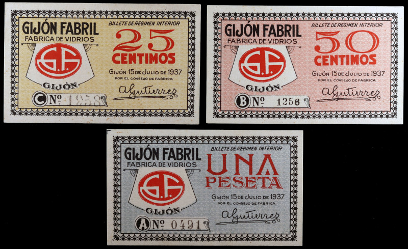 Gijón (Asturias). Gijón Fabril. Fábrica de vidrios. 25, 50 céntimos y 1 peseta. ...