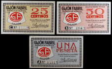 Gijón (Asturias). Gijón Fabril. Fábrica de vidrios. 25, 50 céntimos y 1 peseta. (KG. 387) (RGH. 2659 a 2661). 3 billetes, serie completa. EBC.