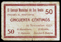 Don Benito (Badajoz). 50 céntimos. (KG. 320) (RGH. 2239). Escaso. MBC-.