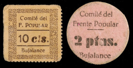 Bujalance (Córdoba). Comité del Frente Popular. 10 céntimos y 2 pesetas. (KG. 194) (RGH. 1298 y 1303). 2 cartones, uno redondo, con restos de papel en...