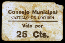 Castillo de Locubín (Jaén). 25 céntimos. (KG. falta) (RGH. 1815). Cartón. Esquina rota. Manchitas. Raro. (MBC-).