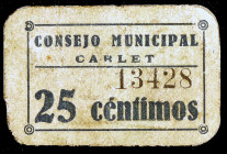 Carlet (Valencia). 25 céntimos. (KG. 245) (T. 542). Cartón. Escaso. MBC+.