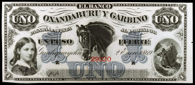 Argentina. 1869. Banco Oxandaburu y Garbino. 1 peso fuerte. (Pick 51791). 2 de enero. EBC+.
