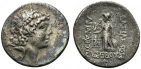 Kings of Cappadocia, Ariarathes IX (c. 100-85 BC). AR Drachm (16mm, 3.75g, 12h). Mint A (Eusebeia-Mazaka), year 4 (97/6 BC). Diademed head r., with th...
