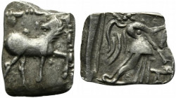 Indo-Skythians, Arachosia (c. 110-100 BC). AR Hemidrachm (14.5mm, 1.68g, 12h). Horse advancing r. R/ Nike standing r., holding wreath; monogram to low...