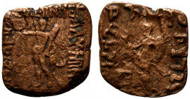 Indo-Skythians, Vonones (100-65 BC). Square Æ Unit (21.5mm, 8.10g, 12h). Herakles standing, with club and lionskin, crowning himself. R/ Athena standi...