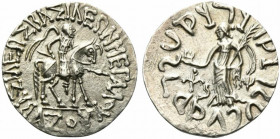 Indo-Skythians, Azes (c. 58-12 BC). AR Tetradrachm (26mm, 9.59g, 12h). King on horseback r., holding spear. R/ City goddess standing l., holding brazi...
