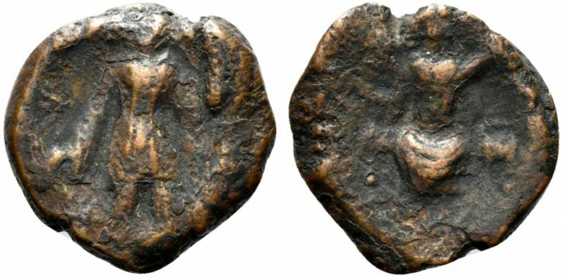 Indo-Skythians, Azes ? (c. 58-12 BC). Æ (21.5mm, 8.08g, 12h). Deity seated sligh...