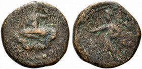 Indo-Skythians, Azes (c. 58-12 BC). Æ Unit (26.5mm, 14.96g, 12h). Azes seated on cushion, with legs crossed, raising l. hand and holding sword. R/ Her...