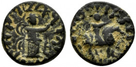 Indo-Skythians, Aspavarma ? (c. 1st century BC). Æ (12mm, 2.20g, 12h). King on horseback r. R/ Athena standing r.; monogram to lower r. Cf. Senior 183...