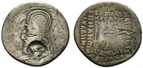 Indo-Parthians, Aria or Margiana. Tanlis Mardates, mid-late 1st century BC. AR Drachm (20mm, 3.04g, 12h). Countermarked drachm of Mithradates III (Sel...