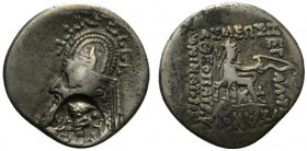 Indo-Parthians, Aria or Margiana. Tanlis Mardates, mid-late 1st century BC. AR Drachm (19.5mm, 3.88g, 1h). Countermarked drachm of Phraates III (Sellw...