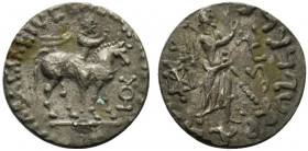 Indo-Parthians, Gondopharid Dynasty. Gondophares (c. 40-5 BC). BI Tetradrachm (22.5mm, 9.75g, 1h). King on horseback r., raising r. hand; tamgha to r....