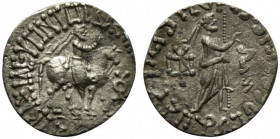 Indo-Parthians, Gondopharid Dynasty. Abdagases (c. 5 BC-AD 19/20). BI Tetradrachm (23.5mm, 9.80g, 3h). King on horseback r., raising r. hand; tamgha t...