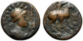 India, Kushan Empire. Time of Kujula Kadphises - Vima Takto (c. AD 80-113). Æ Drachm (12.5mm, 2.07g, 12h). Diademed bust r.; holding sceptre; to l., t...