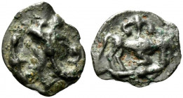 Celtic, Northeast Gaul. Leuci, 1st century BC. Potin (19mm, 2.81g, 4h). Helmeted head l. R/ Stylized bull charging r.; fleur-de-lis above. D&T 229. Ne...