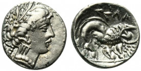 Celtic, Southern Gaul. Insubres, 2nd century BC. AR Drachm (15mm, 2.69g, 3h). Imitating Massalia. Head of nymph r. R/ Lion standing r. CCCBM II 3. VF