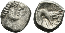 Celtic, Southern Gaul. Insubres, 2nd century BC. AR Drachm (11mm, 2.39g, 9h). Imitating Massalia. Head of nymph r. R/ Lion standing r. CCCBM II 3. Nea...