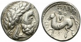Celtic, Eastern Europe, imitating Philip II of Macedon, 2nd century BC. AR Tetradrachm (24mm, 13.75g, 6h). Laureate head of Zeus r. R/ Rider on horseb...