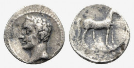 Spain, Punic Iberia, Carthago Nova, c. 237-209 BC. AR 1/4 Shekel (14mm, 1.84g, 12h). Bare male head l. R/ Horse standing r. SNG Copenhagen 297. Rare, ...