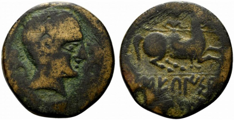 Spain, Sekaisa, c. 100-50 BC. Æ Unit (24mm, 9.25g, 12h). Bare male head r.; dolp...
