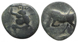Islands of Spain, Ebusus, 2nd century BC. Æ Quarter Unit (15mm, 2.60g, 9h). Bes standing facing, holding mace and snake. R/ Bull charging l. ACIP 719;...