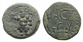 Islands of Spain, Ebusus, late 2nd-early 1st century BC. Æ Semis (21mm, 6.33g, 5h). Bes standing facing. R/ Punic legend. ACIP 758; SNG BM Spain 340-4...