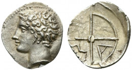 Gaul, Massalia, c. 200-121 BC. AR Obol (10mm, 0.67g, 3h). Bare head of Apollo l. R/ M A within wheel of four spokes. Depeyrot, Marseille 31; SNG Copen...