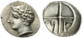 Gaul, Massalia, c. 200-121 BC. AR Obol (11.5mm, 0.63g, 12h). Bare head of Apollo l. R/ M A within wheel of four spokes. Depeyrot, Marseille 31; SNG Co...