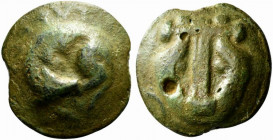 Umbria, Tuder, c. 220-200 BC. Cast Æ Semis (31.5mm, 41.60g, 12h). Sleeping dog. R/ Lyre; C to r. Vecchi ICC, 223; HNItaly 46. Green patina, near VF