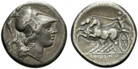 Northern Campania, Cales, c. 265-240 BC. AR Didrachm (21.5mm, 6.97g, 6h). Head of Athena r., wearing crested Corinthian helmet decorated with serpent....