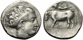 Southern Campania, Neapolis, c. 395-385 BC. AR Stater (20mm, 7.24g, 6h). Diademed head of nymph r. R/ Man-headed bull walking l.; above, Nike flying l...