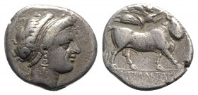 Southern Campania, Neapolis, c. 320-300 BC. AR Didrachm (21mm, 7.02g, 10h). Head of female r., hair in band. R/ Man-headed bull standing r., head faci...