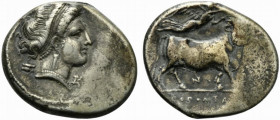 Southern Campania, Neapolis, c. 300 BC. AR Didrachm (22.5mm, 7.23g, 6h). Head of nymph r.; astragalos and monogram flanking neck. R/ Man-headed bull s...