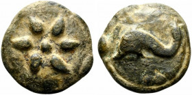 Northern Apulia, Luceria, c. 225-217 BC. Cast Æ Teruncius (38.5mm, 65.87g). Libral standard. Star of six rays on a raised disk. R/ Dolphin l.; three p...