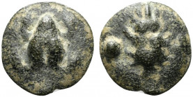Northern Apulia, Luceria, c. 217-212 BC. Cast Æ Uncia (18mm, 6.01g). Frog. R/ Corn-ear; in field, pellet. Vecchi, ICC 349; HNItaly 677e; SNG ANS -. Gr...