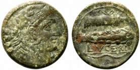 Northern Apulia, Luceria, c. 211-200 BC. Æ Quadrunx (23.5mm, 12.46g, 12h). Head of Herakles r., wearing lion's skin headdress; four pellets behind. R/...