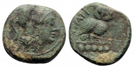 Northern Apulia, Teate, c. 225-200 BC. Æ Quincunx (26mm, 15.78g, 11h). Head of Athena r., wearing crested Corinthian helmet. R/ Owl standing r.; five ...