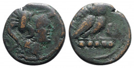 Northern Apulia, Teate, c. 225-200 BC. Æ Teruncius (24mm, 11.07g, 12h). Helmeted head of Athena r. R/ Owl standing r., head facing; three pellets belo...