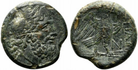 Northern Apulia, Teate, c. 225-200 BC. Æ Nummus (31mm, 30.68g, 1h). Wreathed head of Zeus Dodona r. R/ Eagle standing r. on thunderbolt; N to r. HNIta...