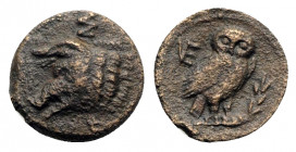 Northern Apulia, Venusia, c. 210 BC. Æ Semuncia (14mm, 1.77g, 9h). Forepart of boar l.; Σ above. R/ Owl standing r. on branch; monogram to l. HNItaly ...