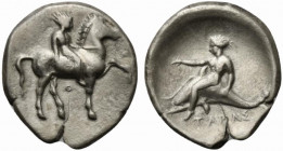 Southern Apulia, Tarentum, c. 365-355 BC. AR Nomos (22mm, 7.61g, 12h). Nude youth on horseback r.; small Θ below. R/ Phalanthos on dolphin l. Vlasto 4...