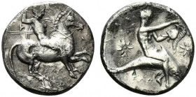 Southern Apulia, Tarentum, c. 333-331/0 BC. AR Nomos (21mm, 6.44g, 12h). Warror, preparing to throw spear and holding shield and two more spears, on h...